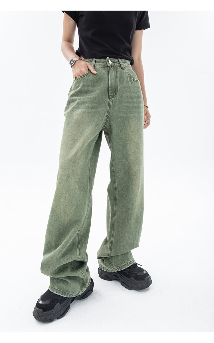 Vintage Green Women's Jeans Fashion Trousers Streetwear High Waist Wide Leg Summer Y2K Baggy Casual Straight Mom Denim Pants