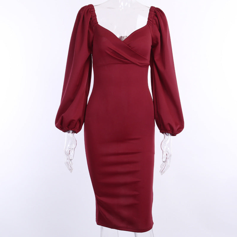 Elegant Evening Party Long Dress Women Long Lantern Sleeve V Neck French Slim Dresses Spring Summer Solid Streetwear Sexy Dress