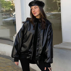 Lizakosht Fall Baseball Black Leather Jacket For Women Coats Varsity Bomber Casual Street Wear Cardigan Zipper Loose Long Sleeve Top