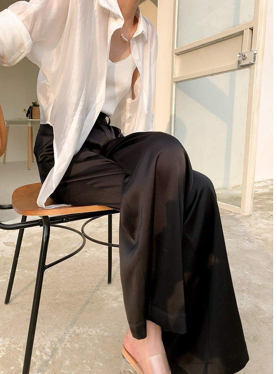 Lizakosht  Summer Autumn Women's Pants Loose Classic Black Straight High Waist Casual Korean Silk Satin Wide Leg Trousers for Women Pants