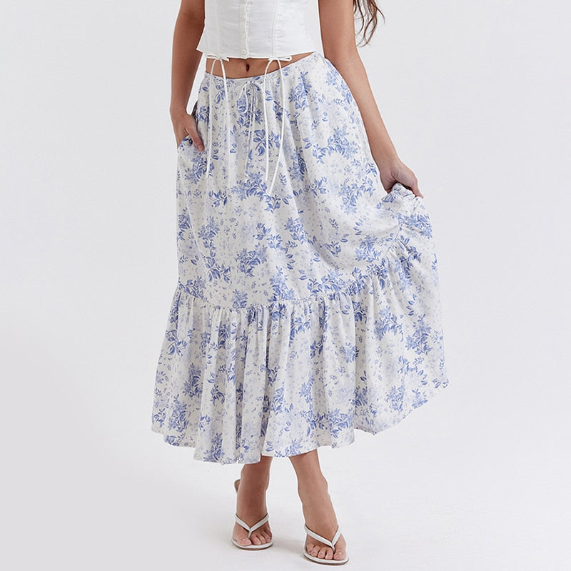 Lizakosht Women's Skirt Floral Printed High Waist Lace Up Mid-length Skirts Female Summer Fashion 2023 Casual Style New