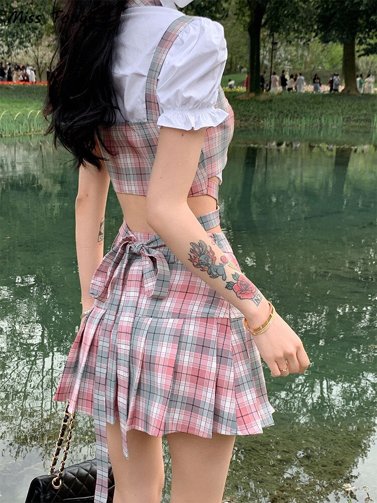 Lizakosht Summer Sexy Two Piece Skirt Set Women Patchwork Plaid Korean Fashion Skirt Suit Female Casual Japanese Party Mini Skirt Set