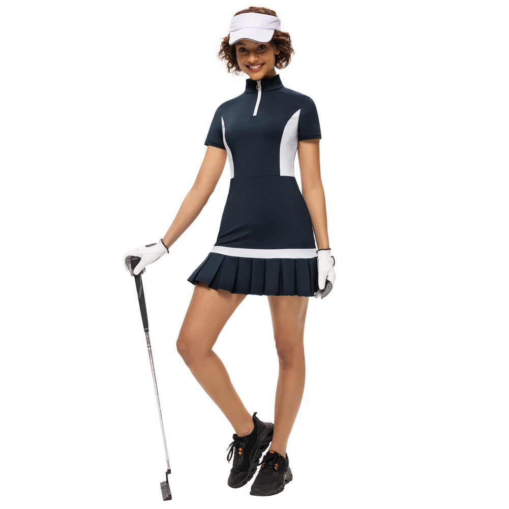 JS Women Mini Dress Tennis & Golf Contrast Color Sports Dress Fashion Summer New Short Sleeve Zipper Stand Collar Dress + Boxer
