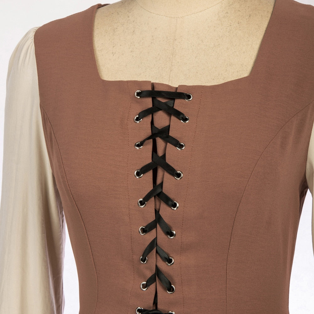 SD Dresses For Women 2022 Vintage Middle Ages Renaissance Contrast Color Dress Long Sleeve Square Neck A-Line Dress