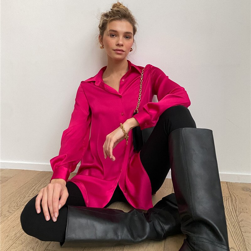 Lizakosht  Satin Shirt Spring and Summer Long Sleeve Temperament Shirt Lapel  Woman Button Up Shirt Long Sleeve Blouse Shirts Women Shirts