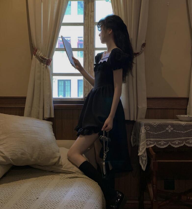 Vintage Lolita Dress Women Irregular High Low Ruffle Patchwork Square Collar Puff Sleeve Solid Elegant Princess Dress