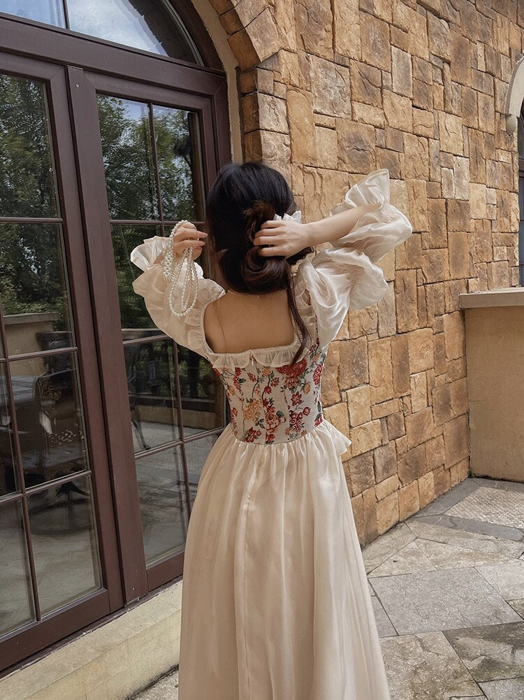Lizakosht French Vintage Jacquard Floral Fairy Dress For Slim Women Romantic Chic Puff Sleeve Elegant Princess Dresses Vestido Festa