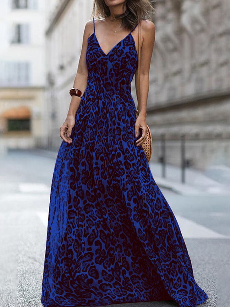 Summer Elegant Off Shoulder Long Party Dress Sexy V Neck Leopard Print Sling Dress Fashion Women Wrap Waist Hem Slim Robe Dress