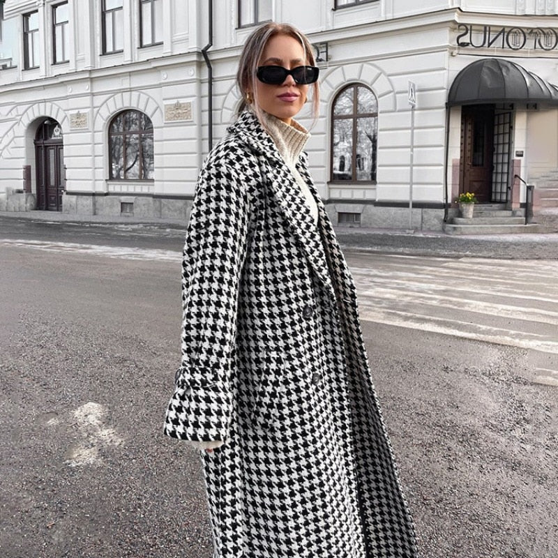 Lizakosht Women Houndstooth Wool Coat Autumn Winter Casual Elegant Long Sleeve Lapel Collar Double Breasted Warm Trench Jacket Outwear