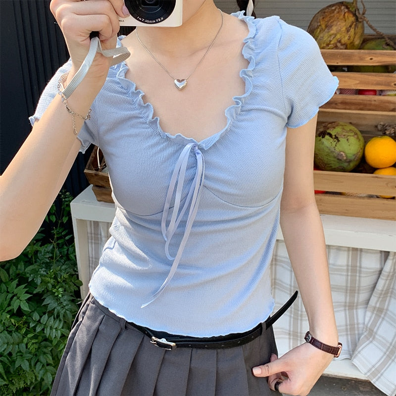 Lizakosht Sweet Tshirt Women Summer V-Neck Short Sleeve Lace-up Floral T-shirt Female Tops Tees Kawaii Clothes
