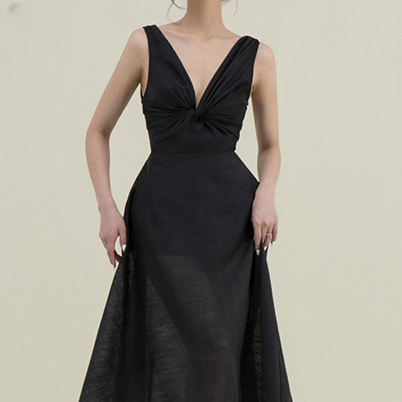 Lizakosht Black Sleeveless Dress Women Clothing 2023 V Neck Elegant High Waist Summer Dresses Bodycon Vintage Runway Vestido Apricot