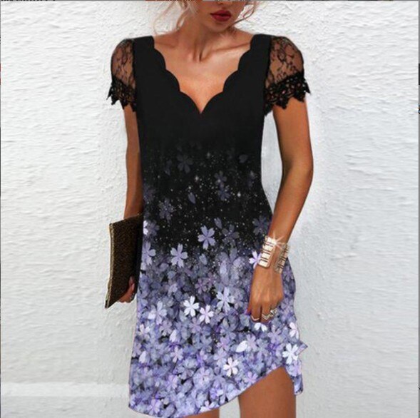 Lizakosht   Women Elegant Dresses Summer V Neck Lace Short Sleeve Dress Sexy Printed Plus Size Female Dresses Black Party Dress Vestidos