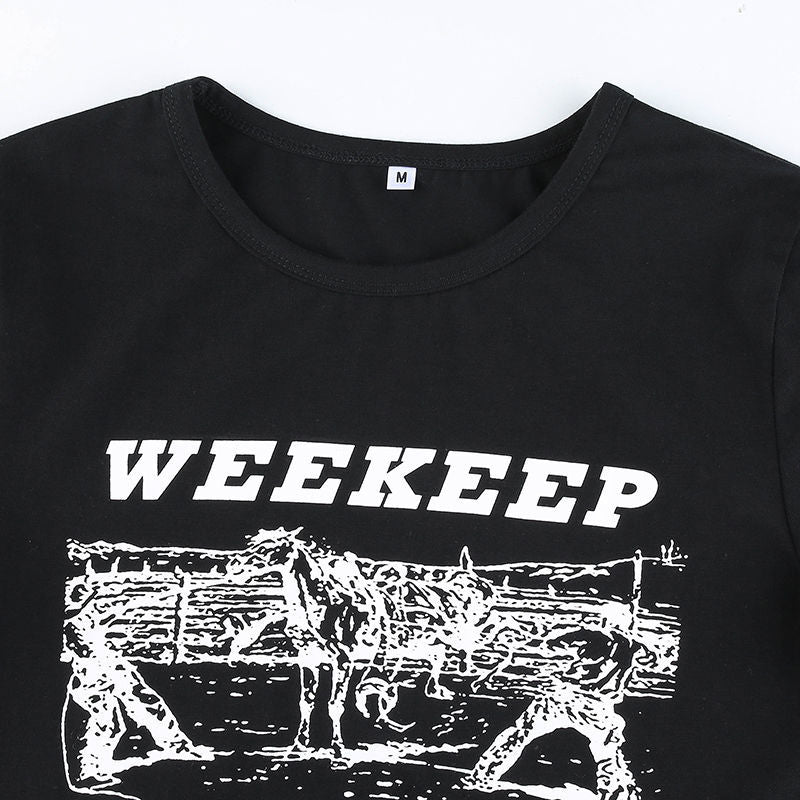 HOUZHOU Grunge Black T Shirt Women Y2k Crop Top Summer Sexy Vintage Print O-Neck Casaul Short Sleeve T-Shirts Kpop Streetwear