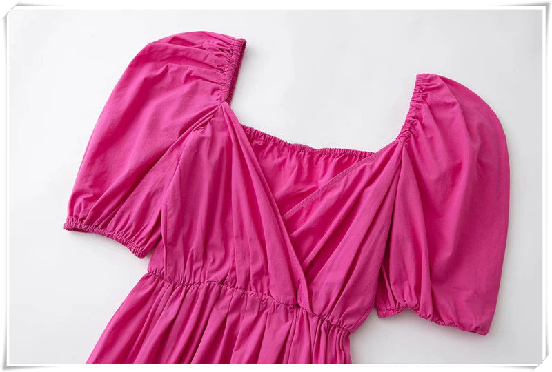New Summer Women'S Dresses One Word Neck Bubble Short Sleeve Sexy Open Back Solid Color Dress Simple Pastoral Pink Tight Dress