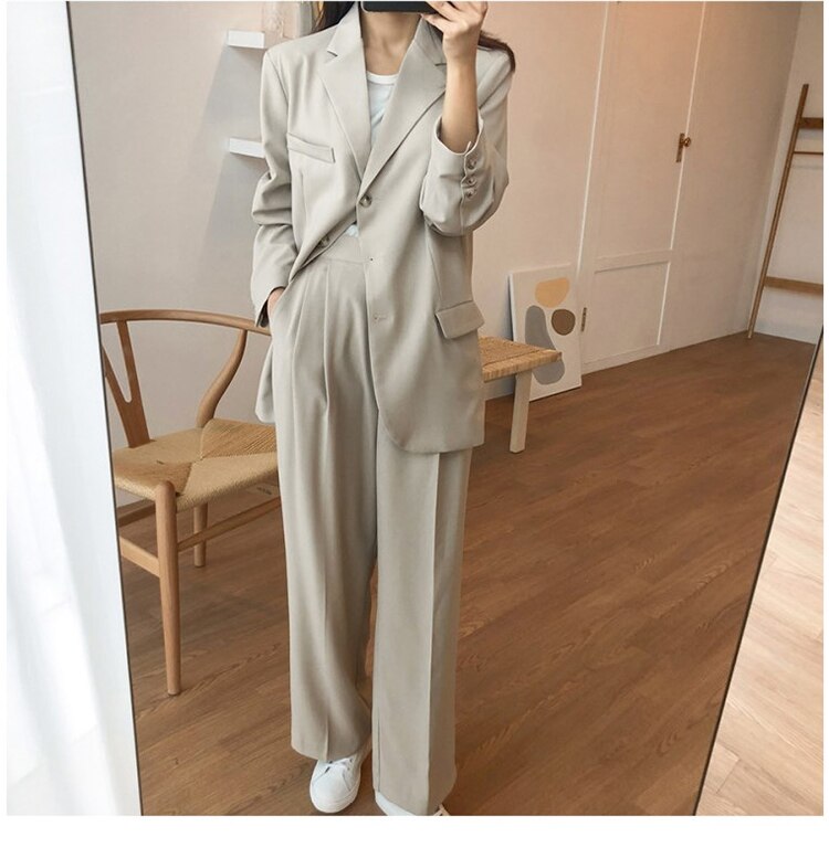 Lizakosht Office Lady Blazer Suits Korean Style Two Piece Set Women Suit Jacket + Wide Leg Pants OL Ensemble Femme 2 Piece Outfits Elegant