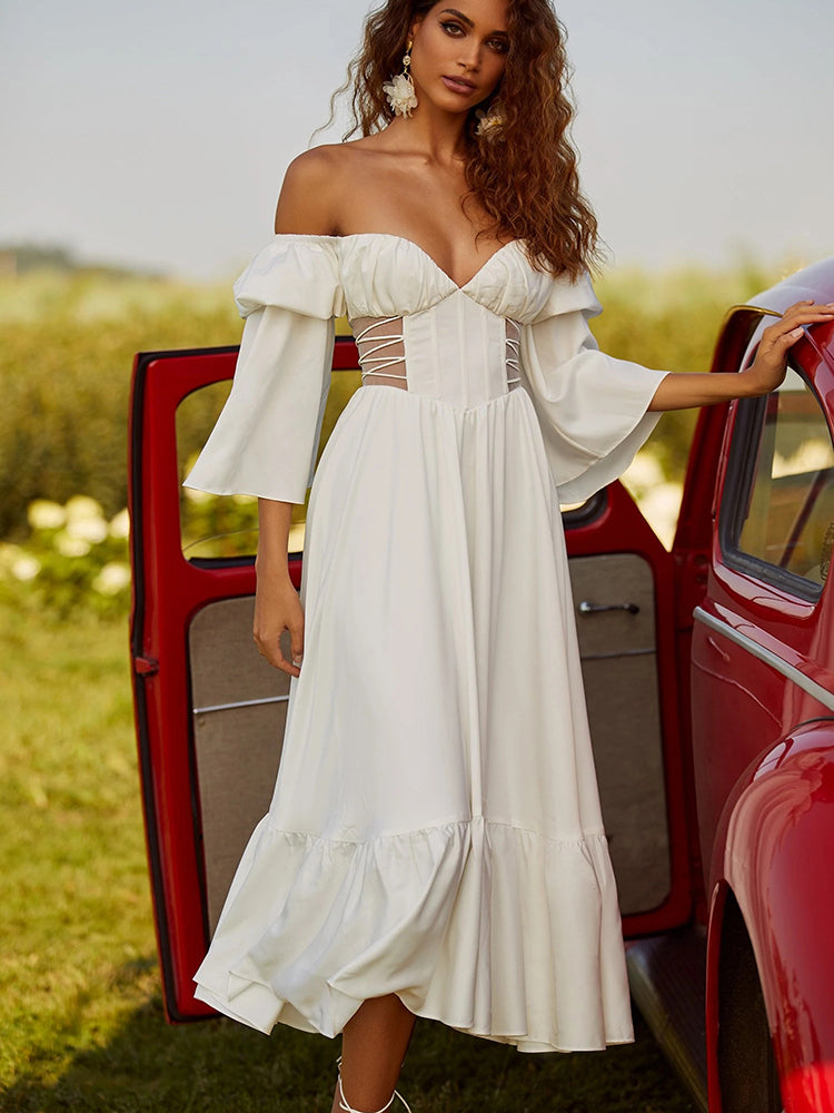 Summer Women'S Dress One Word Neck Slanted Shoulder Long Sleeve Fishbone Solid Color Dress Casual Pastoral White Backless Dress