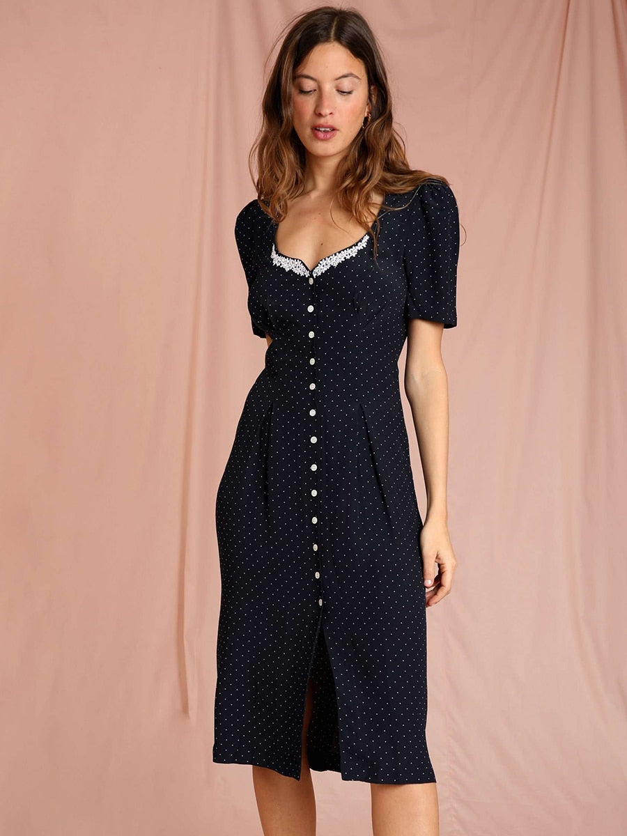 Polka Dot Print Midi Dress Woman Elegant Embroidery Short Sleeve V-neck Vestidos 2022 Summer Femme Vintage Casual Long Robes