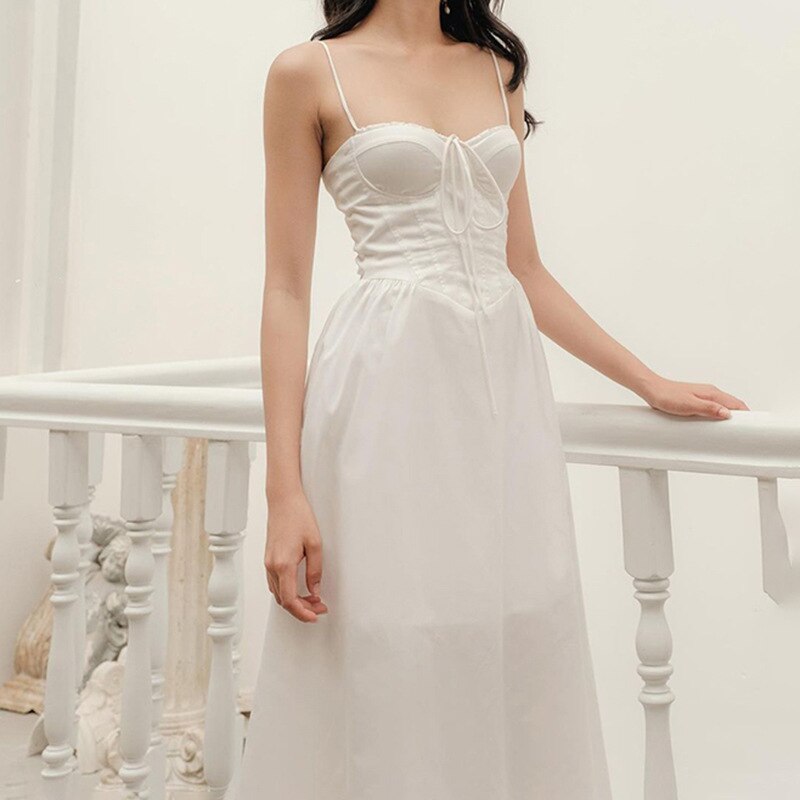 Lizakosht  Women's White Dress Low Cut Sling Dress Feminine Waist White Long Dress