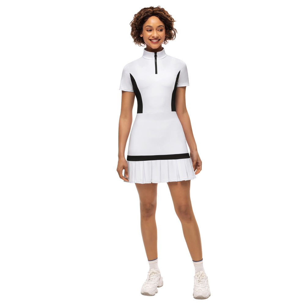 JS Women Mini Dress Tennis & Golf Contrast Color Sports Dress Fashion Summer New Short Sleeve Zipper Stand Collar Dress + Boxer