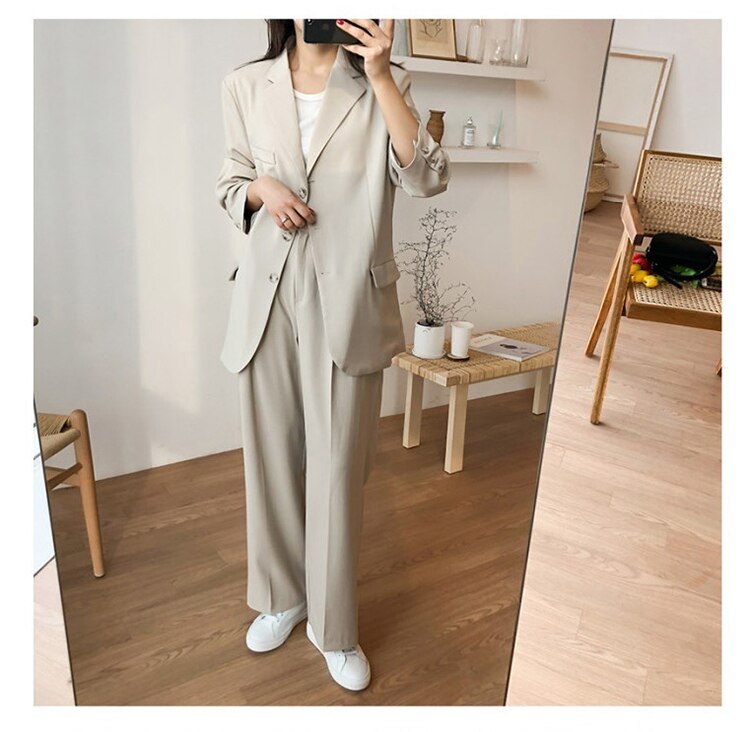 Lizakosht Office Lady Blazer Suits Korean Style Two Piece Set Women Suit Jacket + Wide Leg Pants OL Ensemble Femme 2 Piece Outfits Elegant