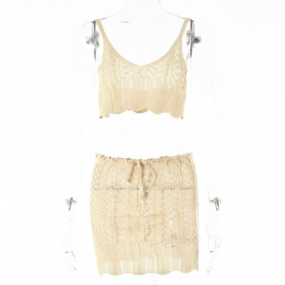 Summer Dress Sert Women 2 Pieces Set Knitted Skirt Set 2022 See Through Sexy Crop Top and Skirt Set for Party Clubwear