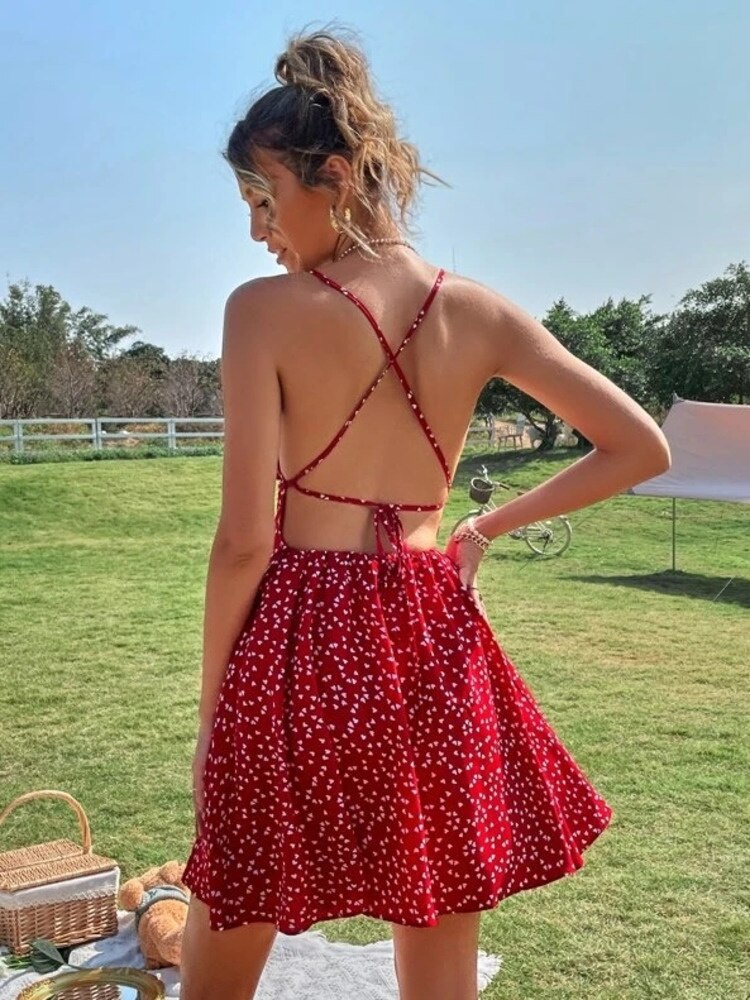 Lizakosht Print Summer Dress Confetti Heart Print Crisscross Tie Backless Cami Dress Print Boho Beach Sexy Dresses Sundress Robe XXXL