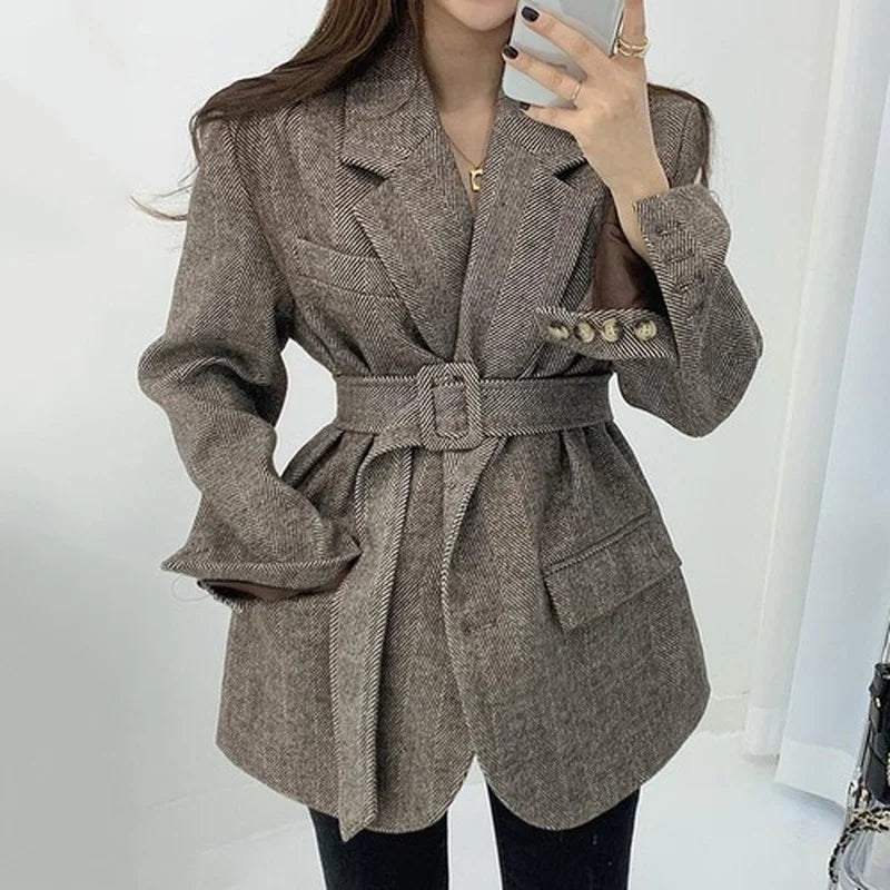 Lizakosht Korean Version of Chic Temperament Herringbone Pattern Bandage Waist Was Thinner Quilted Thick Suit Woolen Jacket Women New