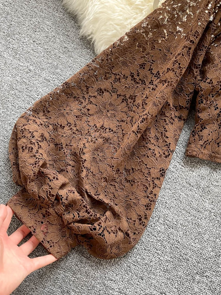 Lizakosht Autumn Black/White/Brown Sexy Lace Blouse Women Elegant V-Neck Puff Long Sleeve Open Back Short Tops Female Party Blusas