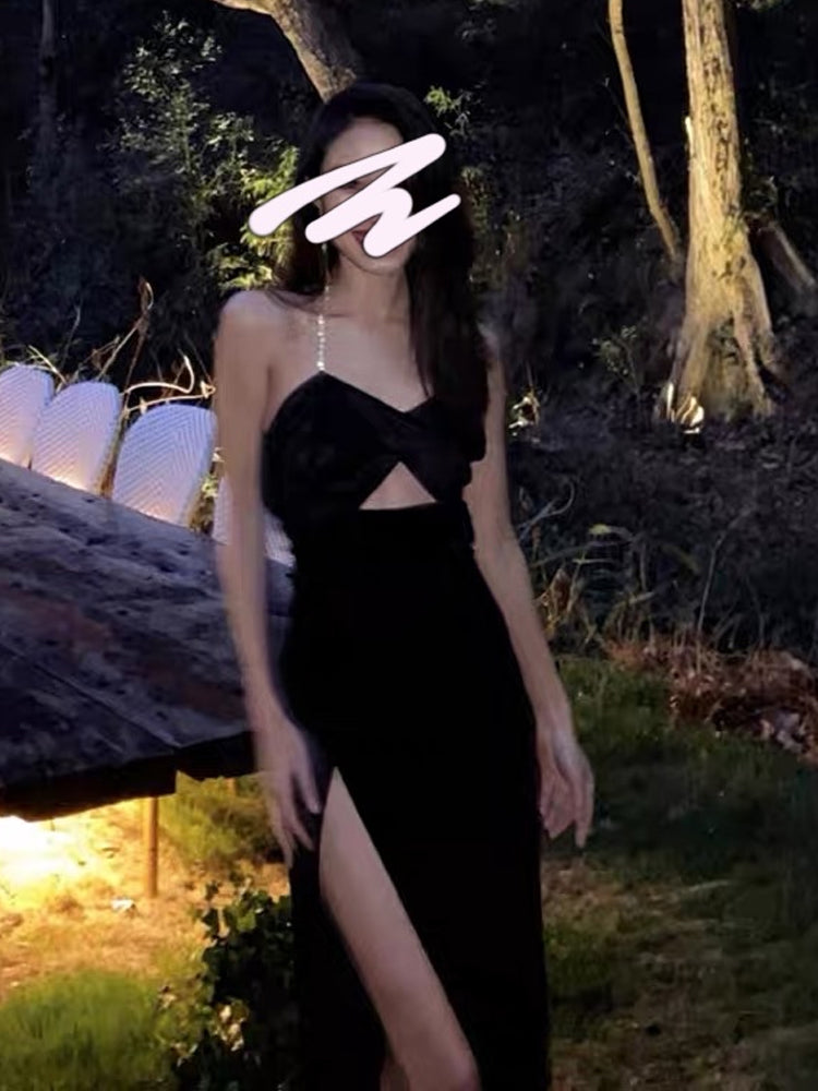 Summer Elegant Sexy Spaghetti Strap Midi Women Black Dress Bodycon Slim Backless Beach Party Vestidos Female Fashion Clothes