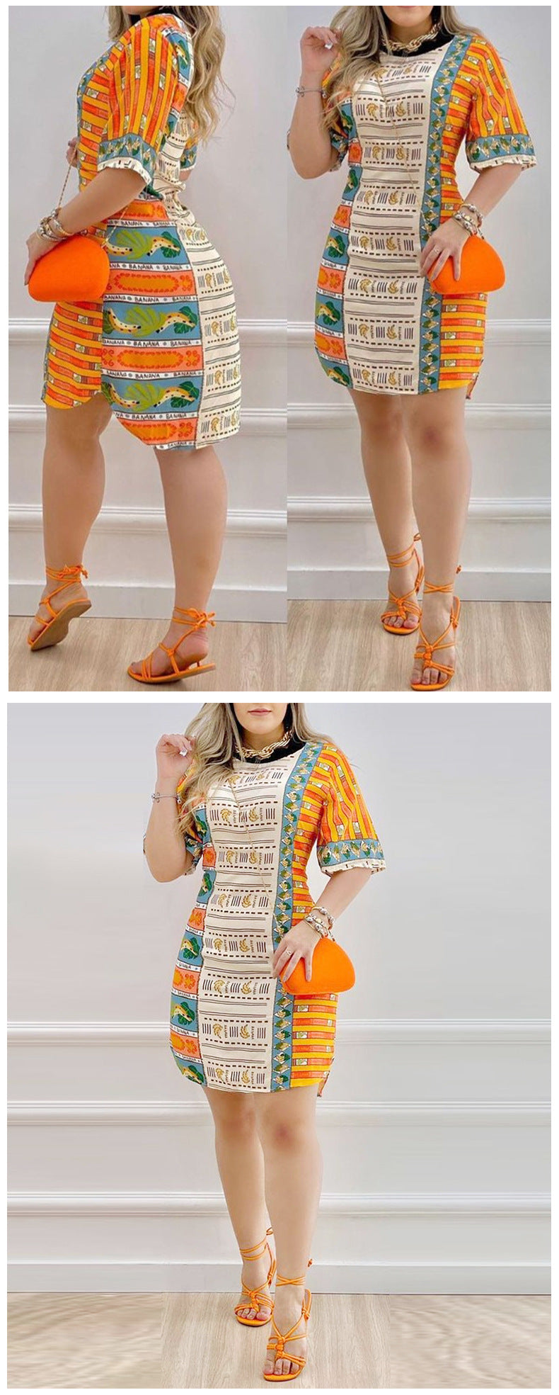 Spring Summer New Irregular Dress Fruit Printed Short Skirt Women's Clothing Mini Dress Half Sleeve High Waist