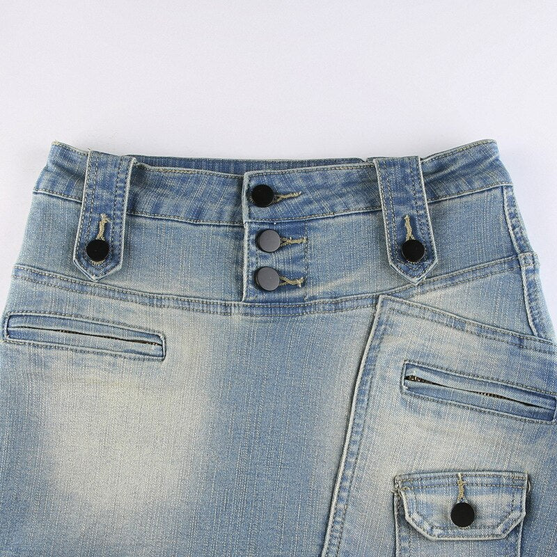 Lizakosht Street Trend Irregular Women's Denim Skirt Fashion Pocket Design Gradient Color Hip Skirt Casual Women Short Skirts New