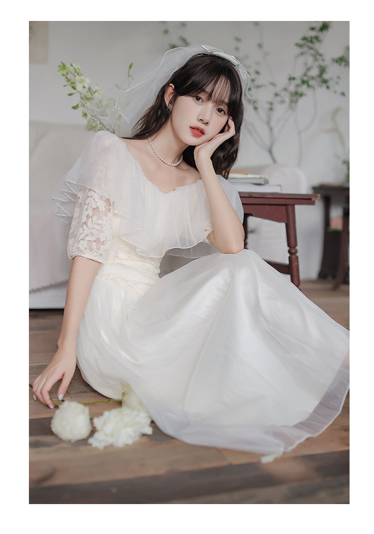 Summer Romantic Fairy Dress Woman Chic Vintage Lace Puff Sleeve Ruffles V-Neck Soft Princess Dresses Party Night Vestido Festa