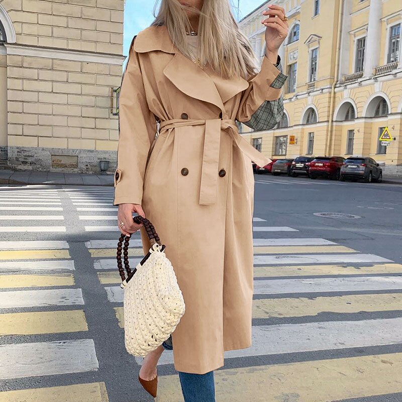 Lizakosht Causal Light Tan Fashion Autumn Winter Trench  Windbreaker Split Joint Elegant Long Sleeve Coat Plaid Long Women Coat with Belt