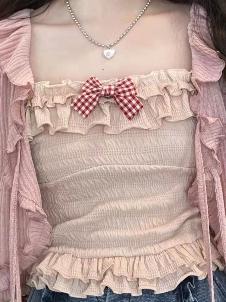 Summer Lolita Kawaii Tank Tops Women Korean Style Bowknot Patchwork Ruffle Flounce Top Female Elastic Skinny Sweet Top 2022 New