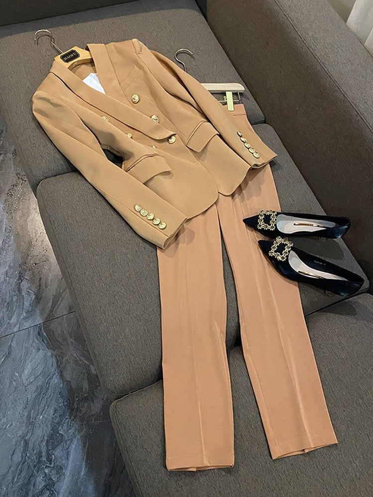Office Ladies women's pantsuit Red Pink Business Classic Double-breasted Buttons Nine Blazer Pants Set Two Piece Formal Suits