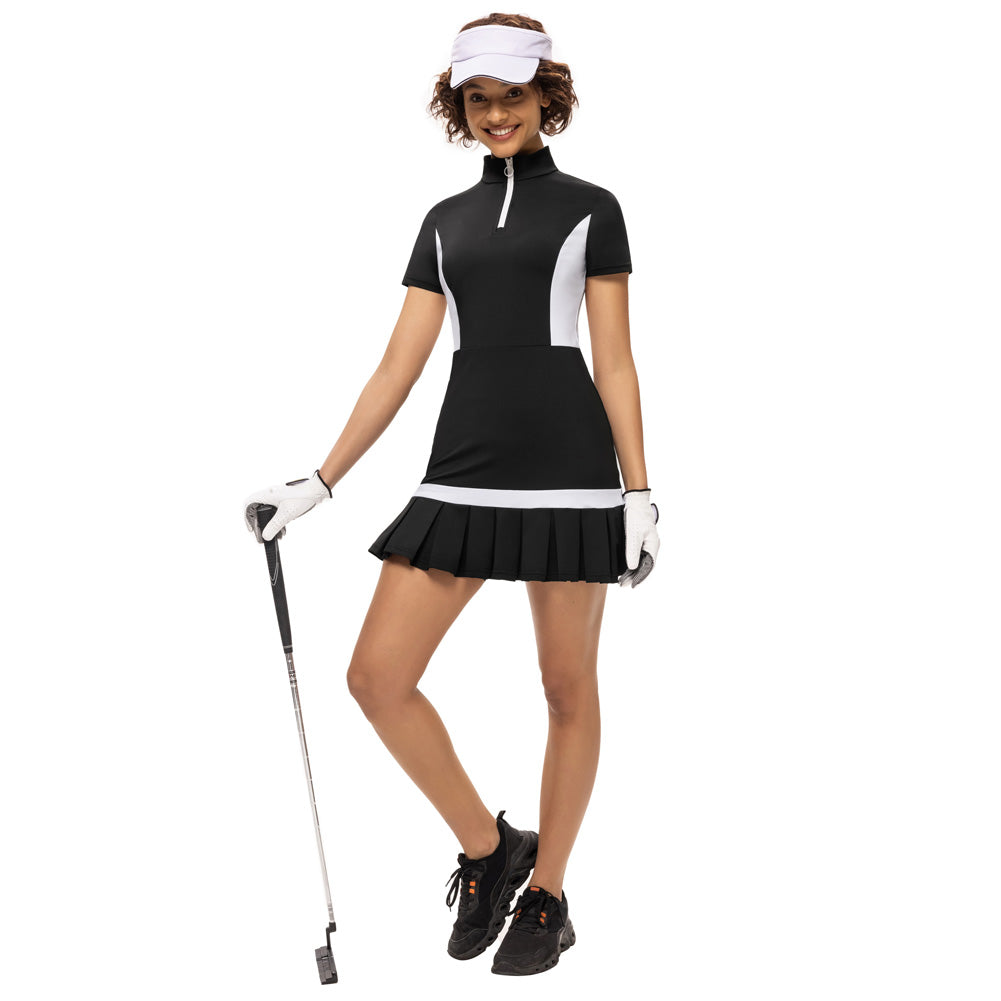 JS Women Mini Dress Tennis & Golf Contrast Color Sports Dress Fashion Summer New Short Sleeve Zipper Stand Collar Dress + Boxer