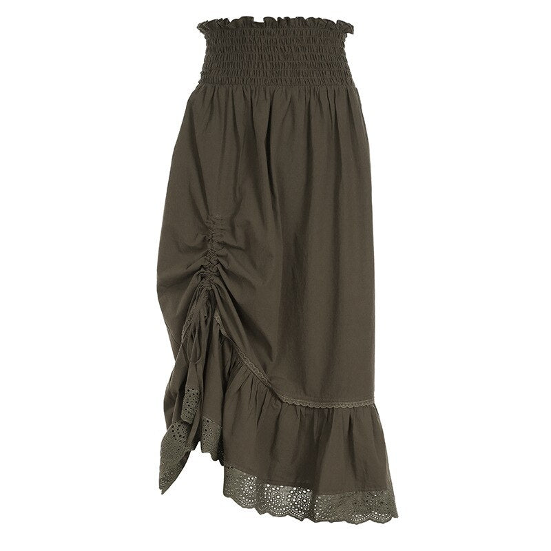 Lizakosht Long Skirt Vintage A-line Lace Splice Low Waist Maxi Skirts for Women Casual Country Style Summer Clothes Fashion