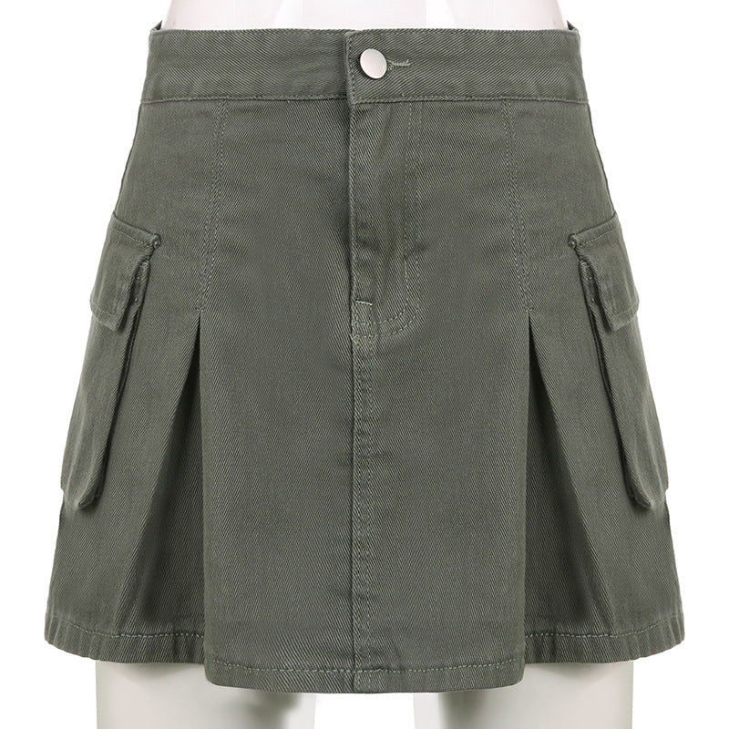 HOUZHOU Vintage Pocket Denim Cargo Skirt Women Korean Preppy Style High Waist Solid A-line Casual Pleated Mini Skirt Y2K E Girl