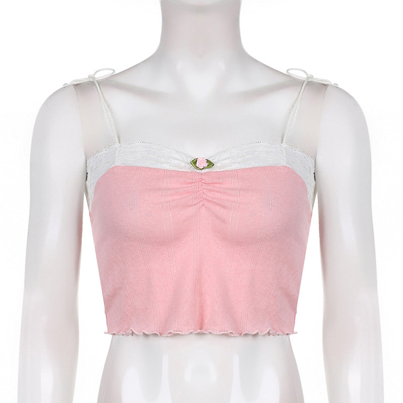 Lizakosht  Solid Color Lace Stitching Lace-up Vest Pleated 2022 New Summer Navel Small Flower Square Collar Suspender Female