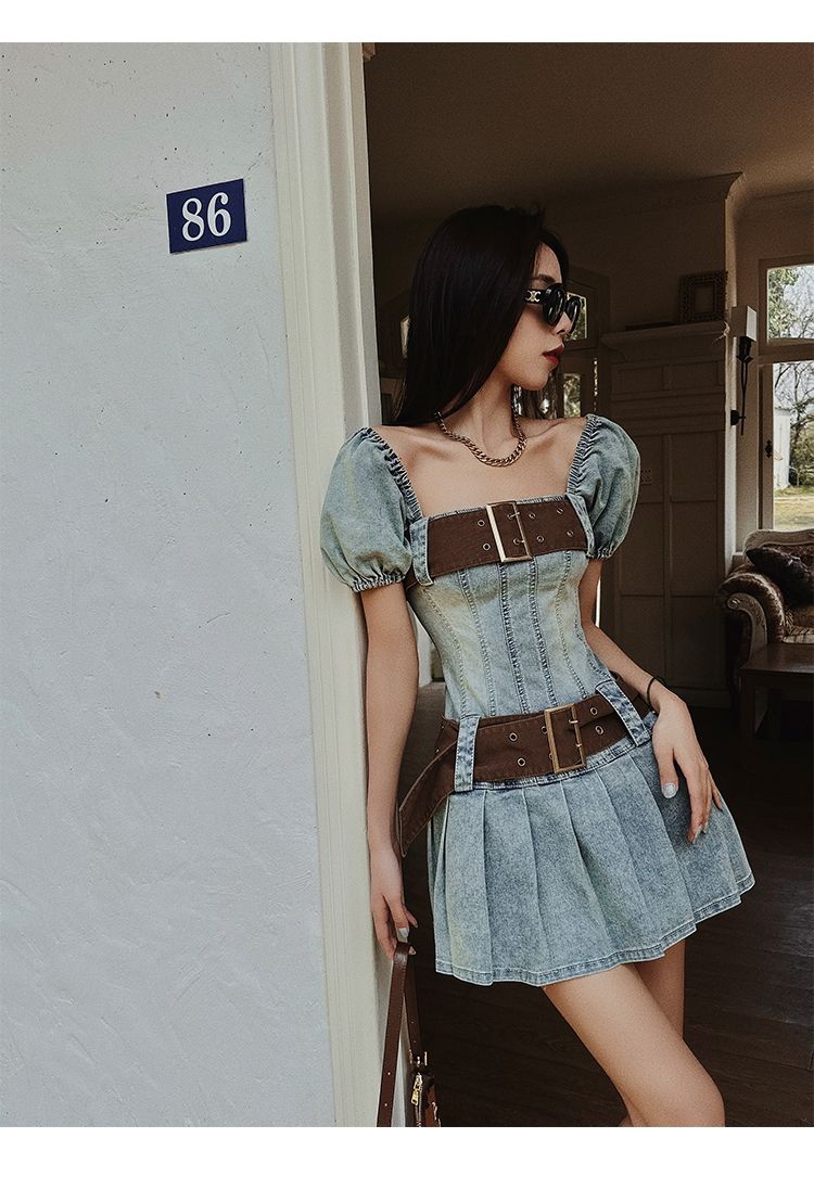 Lizakosht Sexy Y2k Dress Denim Women Streetwear Chic Bodycon Summer Mini Dresses Pleated Square Collar Puff Sleeve Party Robe