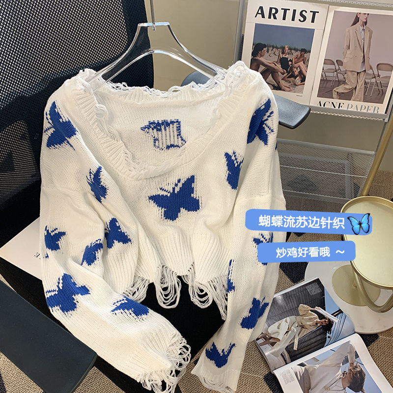 Butterfly knitted top off-shoulder ripped short summer new Korean style lazy commuter style short sweater women sweater
