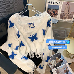 Butterfly knitted top off-shoulder ripped short summer new Korean style lazy commuter style short sweater women sweater