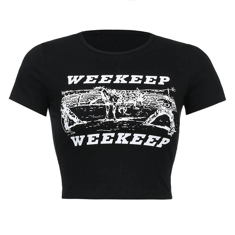 HOUZHOU Grunge Black T Shirt Women Y2k Crop Top Summer Sexy Vintage Print O-Neck Casaul Short Sleeve T-Shirts Kpop Streetwear
