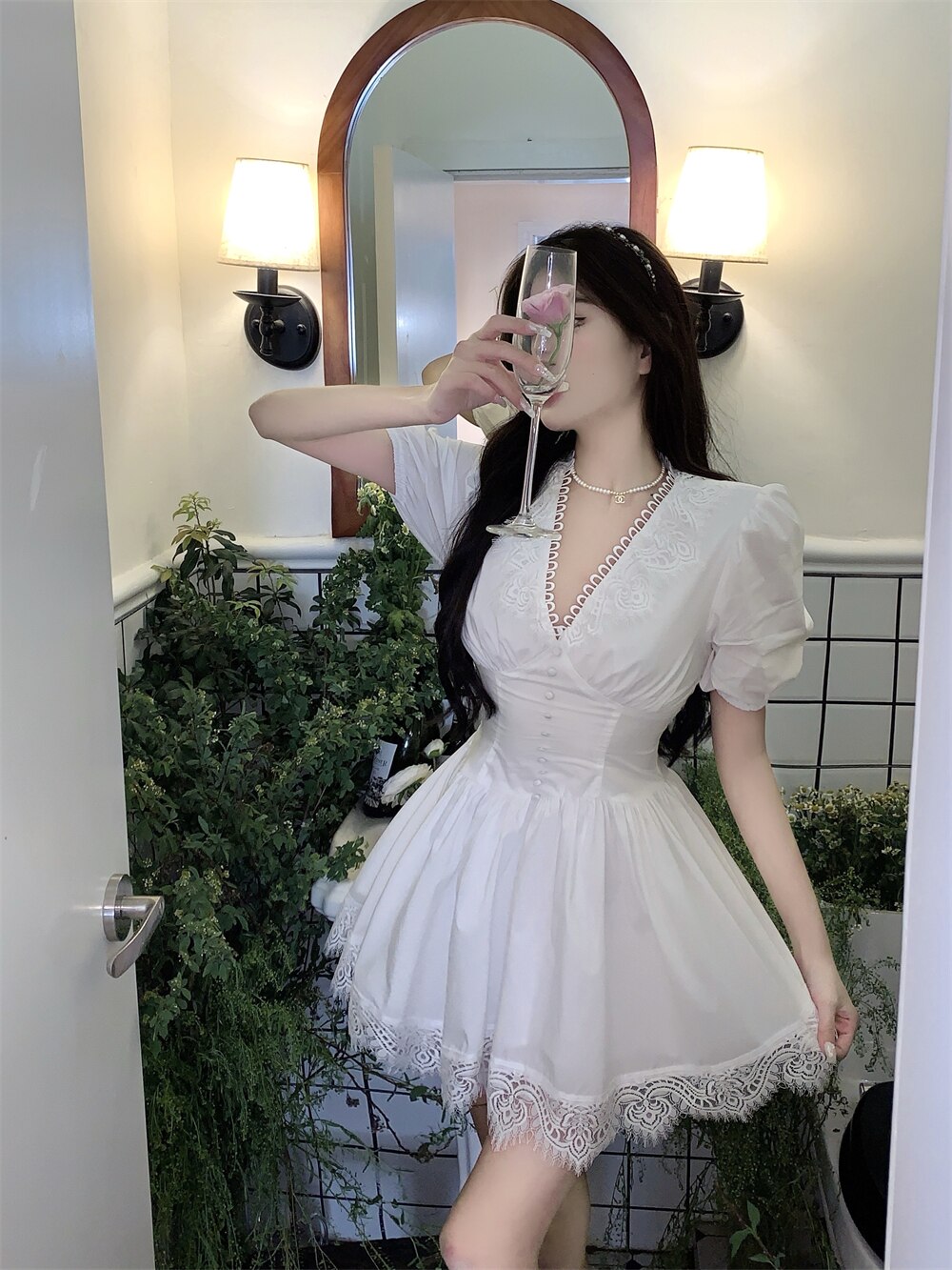 V-neck Lace Princess Dress Sexy Women's Summer Mini Dress 2022 Black High Waist  Slim Puffy Short Sleeve Party Dress Robe Femme