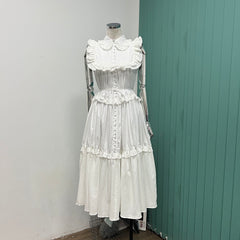 Lizakosht Daily Holiday Style Small Pure White Organic Cotton Sleeveless Dress with Wooden Ears