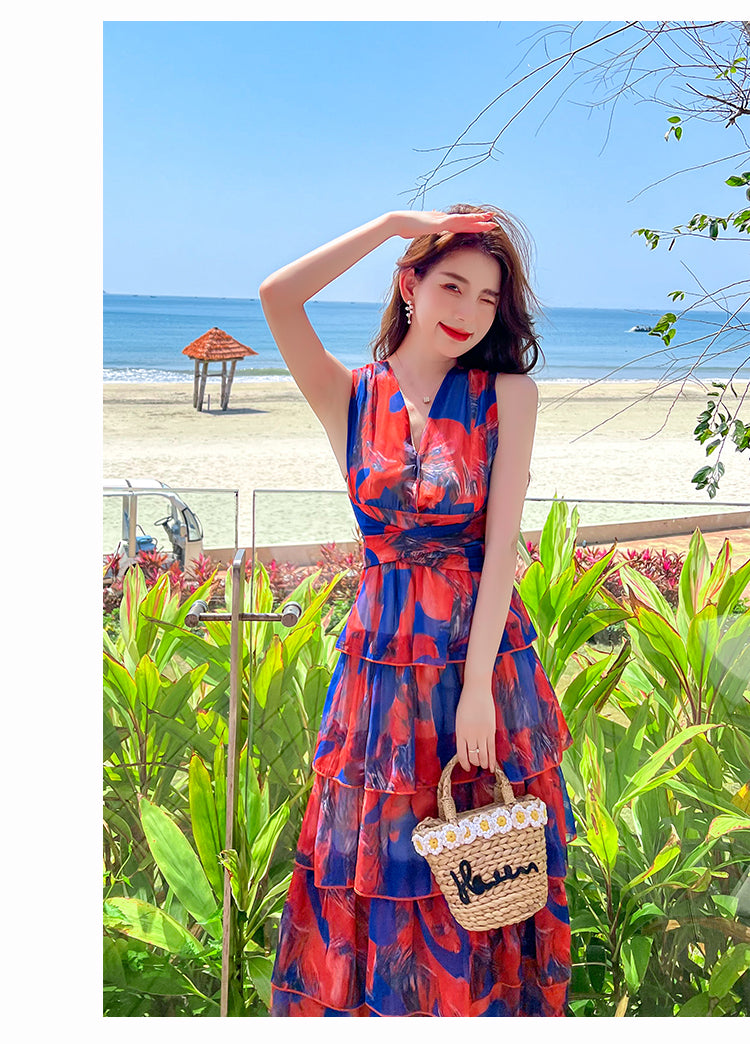 Lizakosht  Summer Backless Beach Long Maxi Dress Vintage Cascading Ruffles Deep V Neck Sexy Floral Print Party Dress Sleeveless Design F242