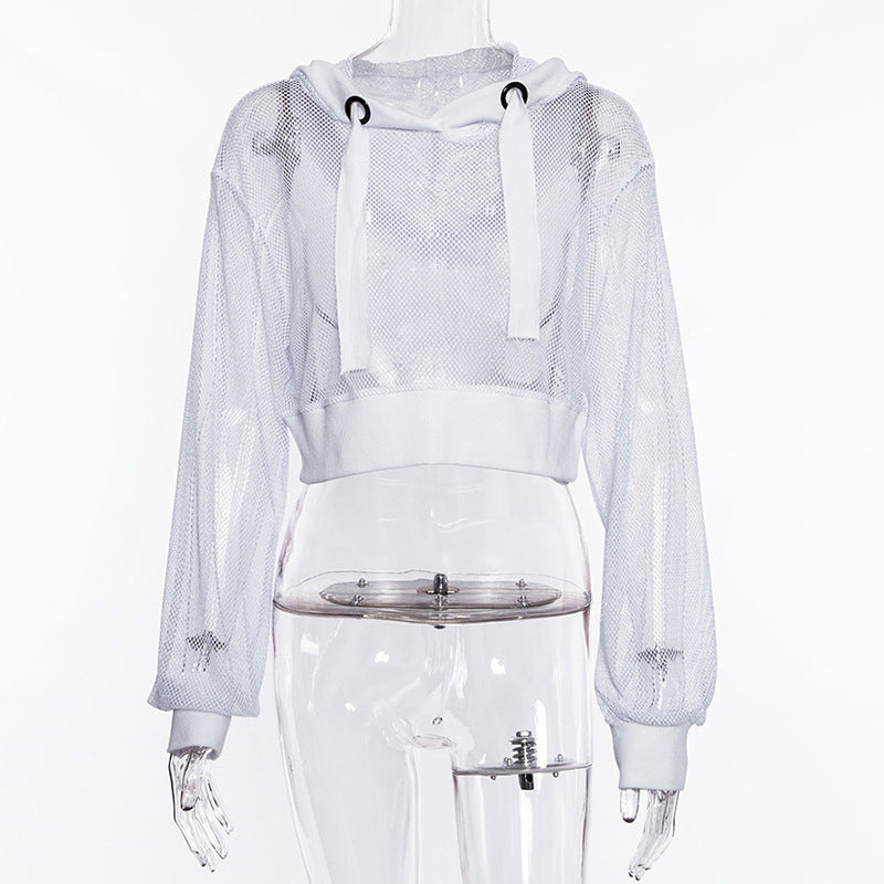 Lizakosht  Women Sexy Mesh Hooded Sweatshirt Spring Autumn Long Sleeve Transparent Fishnet Crop Top 2022 Casual Pullover White Black Tee