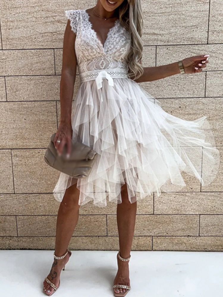 Lizakosht  Women Sexy V Neck Mini Dress Elegant Embroidery Crochet Lace Patchwork Double Ruffle Short Dress Summer Sleeveless Party Dresses