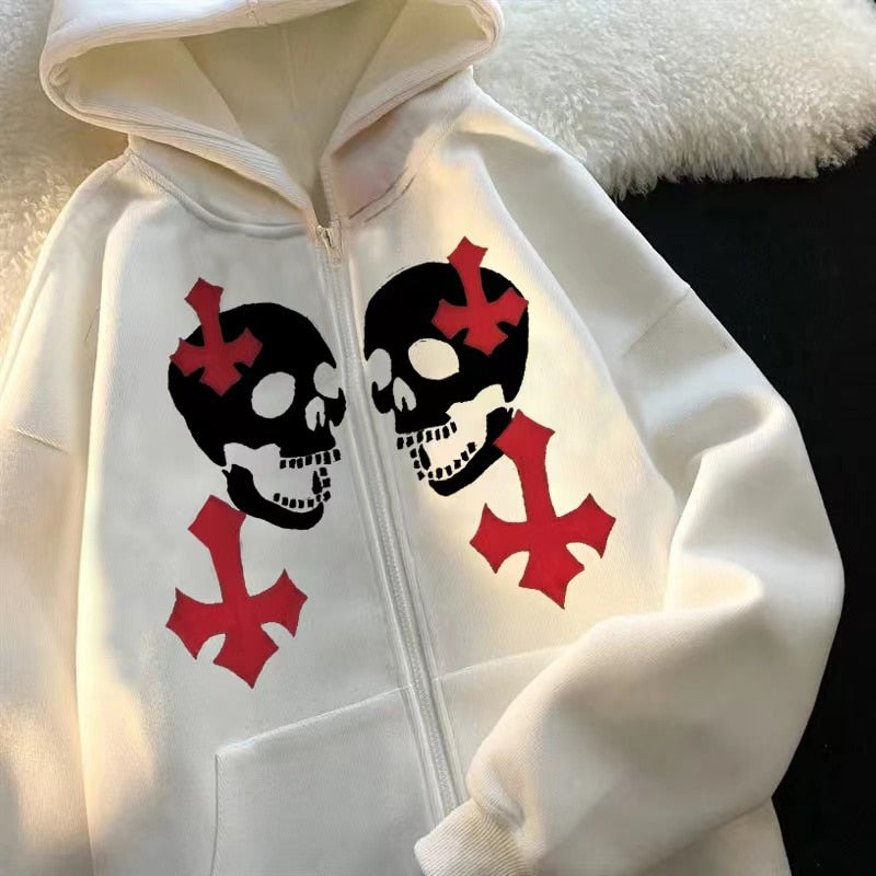New streetwear fashion Retro hoodie women skull embroidery hooded cardigan sweatshirt man hiphop couple loose casual jacket ins