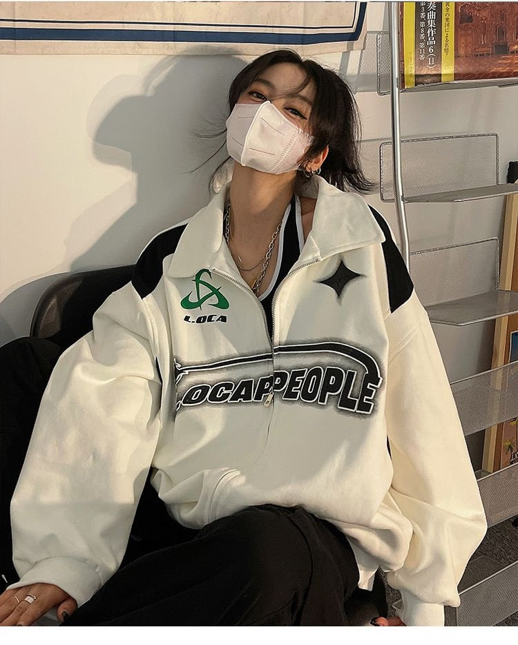 Letter Print Zipper Jacket Women American Retro Street Hip Hop Jackets For Women Oversized Korean Casual Trend Y2K Coat Women